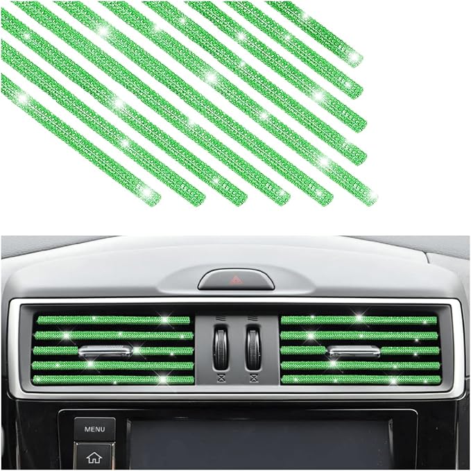 Green Rhinestones Diamond Decoration Strips, 10PCS Waterproof Bling Car Vent Outlet Trim for Straight Air Conditioner, Interior Accessories for Women Girls