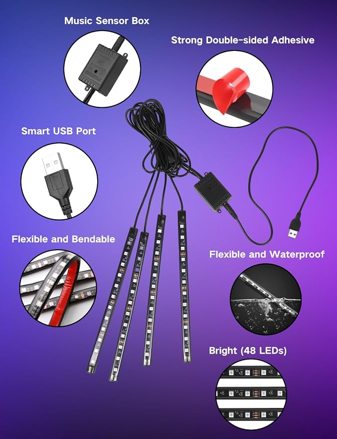 YUGUANG 4Pcs Car Interior Lights, USB LED Lights for Car with App Control Multicolor Music Sync DIY Light Mode, RGB Car Inside Ambient Lighting Kit