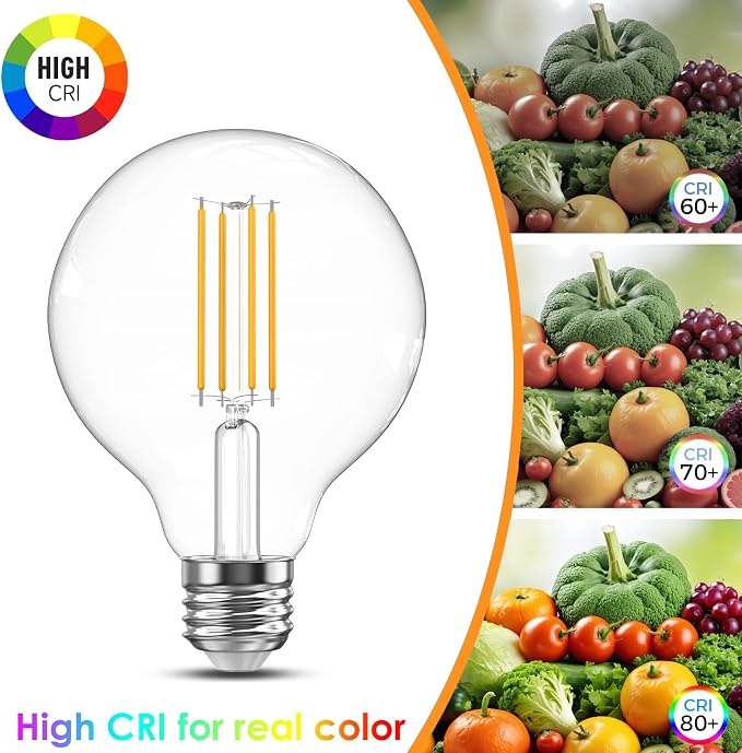 TJOY G25 Edison Globe Light Bulbs, LED Vanity Light Bulb for Bathroom, 60W Equivalent, 2700K Warm White, 500 Lumens, 5.5W, Dimmable, Clear Vintage Filament Globe, E26 Base, for Chandelier, 6 Pack
