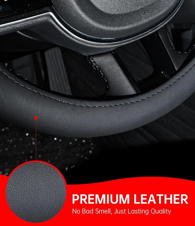 XCBYT Steering Wheel Cover - Red Leather Steering Wheel Wrap Great Grip with 3D Honeycomb Quick and Effortless Installation Non-Slip Silicone Inner Ring for Women Man Universal Fit 14.5-15 Inch