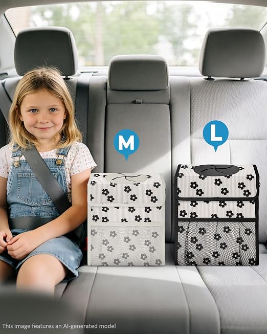 Corduroy Car Trash Can with Lid and Mesh Pockets - Leakproof Organizer,Multipurpose Waterproof Garbage Can/Trash Bin for Car(Black Floral-3 Gallons)