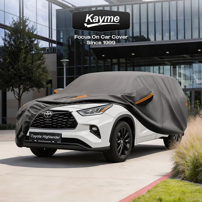 Kayme Heavy Duty SUV Car Cover Custom Fit for Toyota Highlander 2014-2026, Waterproof All Weather Outdoor Full Protection, UV Sun Rain Resistant with Zipper Door & Windproof Straps.