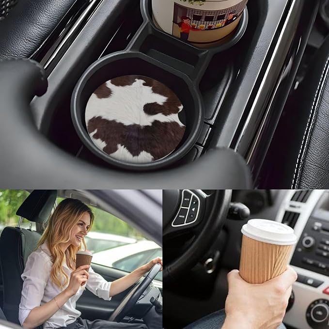 Ceramic Car Cup Coasters 2PCS - Animal Pattern | with Cork Back & Finger Slot, Anti-Slip Shock Absorbing, Universal Car Interior Accessories for Men Women
