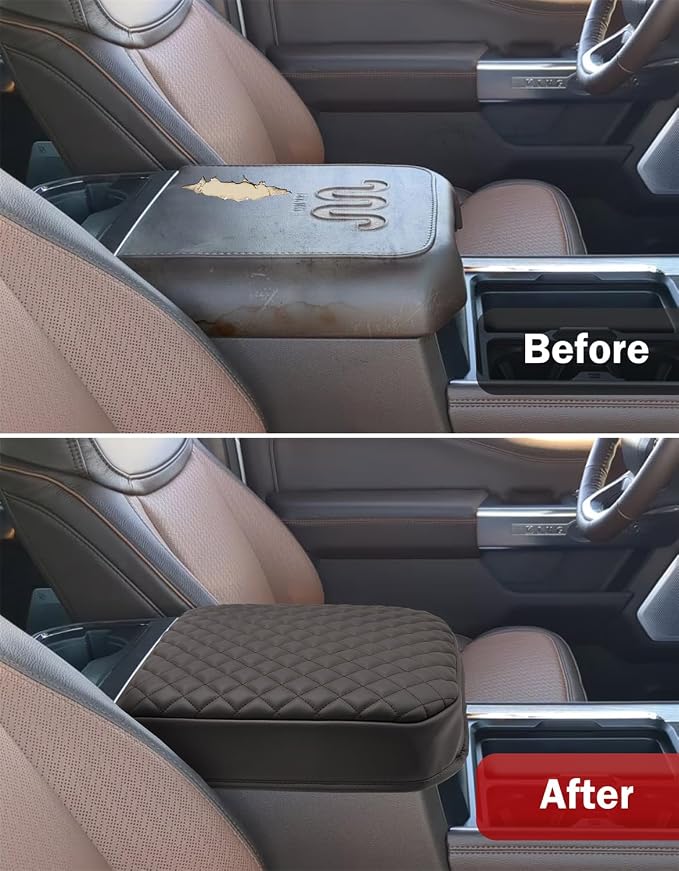 Center Console Armrest Cover for Ford F250 F350 F450 F550 Super Duty 2023 2024 2025 2026, Vinyl Leather Trim, Arm Rest Lid Cushion Protector, Anti-scratch, Dark Brown (Fits Bucket Seat Console Only)