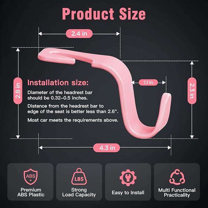 Amooca Universal Car Headrest Hooks, Car Organizer Hanger Storage Hooks for Bag Purse Cloth Grocery (Pink Set of 4)