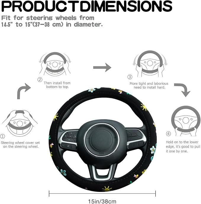 Embroidered Floral Bee Cute Black Steering Wheel Cover, Auto Anti-Slip Breathable Steering Wheel Protector,Floral Car Accessories for Women,Universal Size Fit Most Cars -15 inch