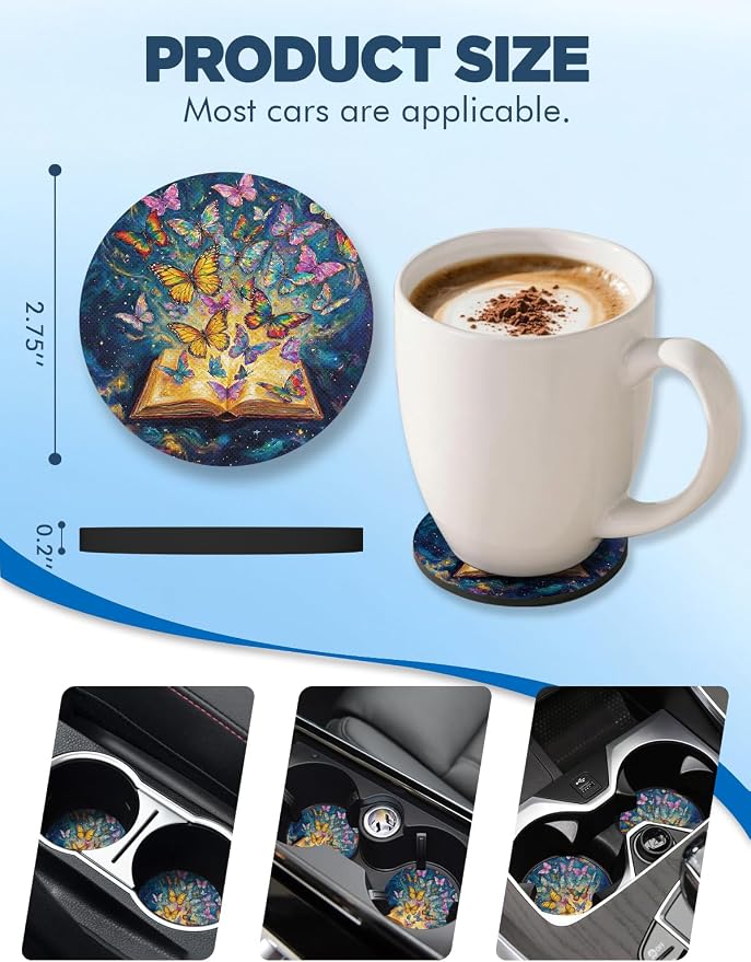 WOCOCN Car Coasters for Cup Holders - 2 Pack 2.75" Universal Rubber Car Cup Coaster, Non-Slip Waterproof Car Interior Accessories, Cute Car Decor Gifts for Women and Men (Butterfly Book)