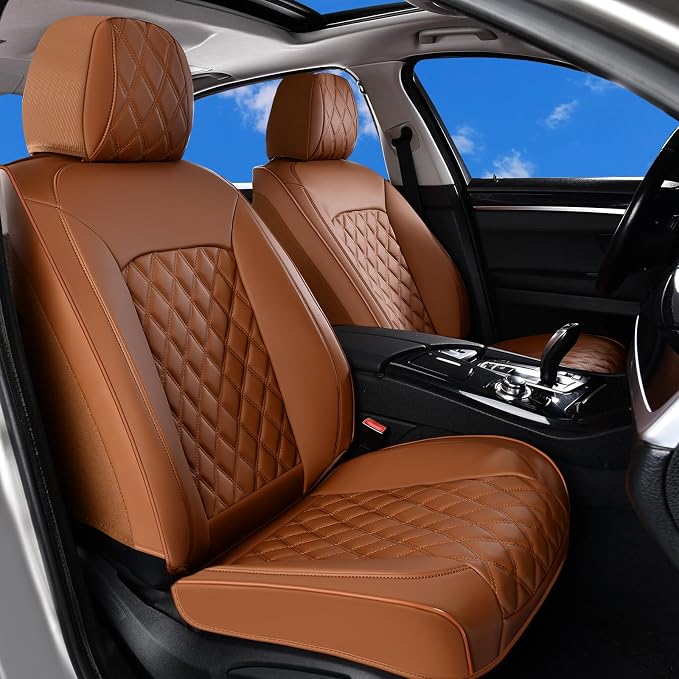 Huidasource Brown Seat Covers, Nappa Leather Car Seat Covers, Velcro Adjustable, Compatible with Airbags, Child Seat, Seat Belts, Fit for Most Cars, Vans, Trucks, SUVs (Full Set/Brown)