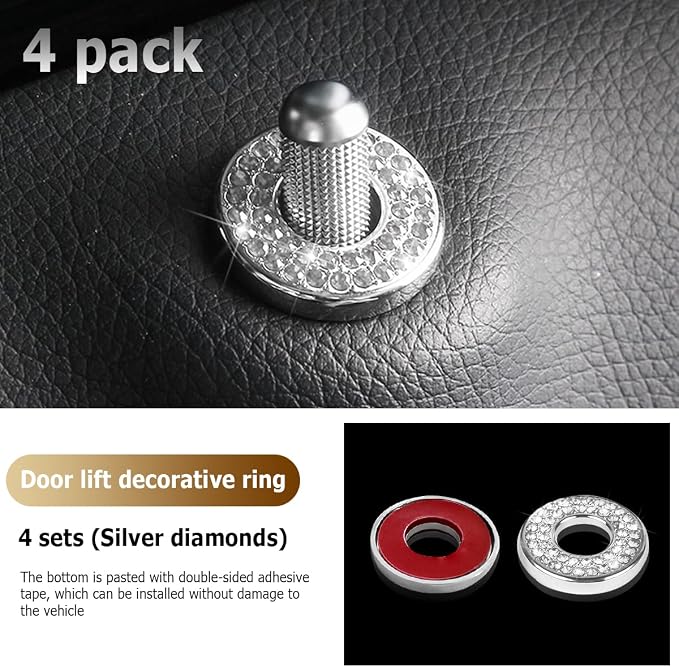 4PCS Bling Inner Car Door Lock Cover Stickers, Rhinestones Pull Rod Bolt Decorations, Crystal Auto Decals for Women Girls, Sparkly Car Door Lock Pin Caps for C Class C200L GLC260 C260L