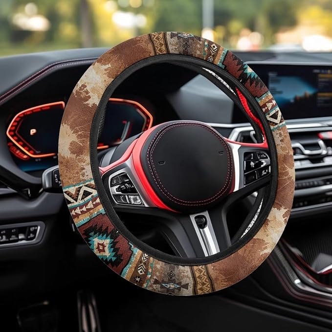 Wanyint Car Steering Wheel Cover Universal Fit SUV Truck Van, Anti-Skid Soft Stretchy All Weather Protection Auto Decor Accessories, Aztec Navajo Splash Brown