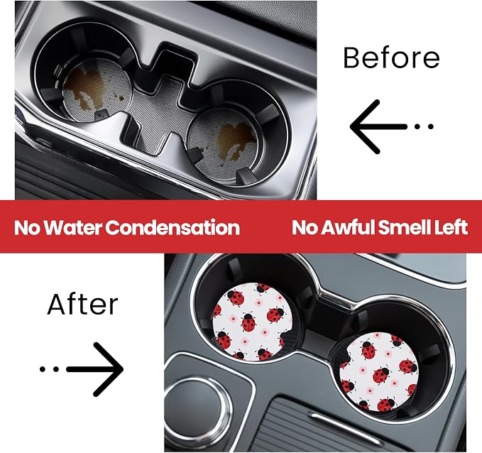 2 Pack Ladybug Car Coasters for Women Car Cup Holder Coasters, 2.63 Inch Anti Slip Ceramic Absorbent Coaster with Cork Base and Finger Notch, Funny Car Accessories Interior