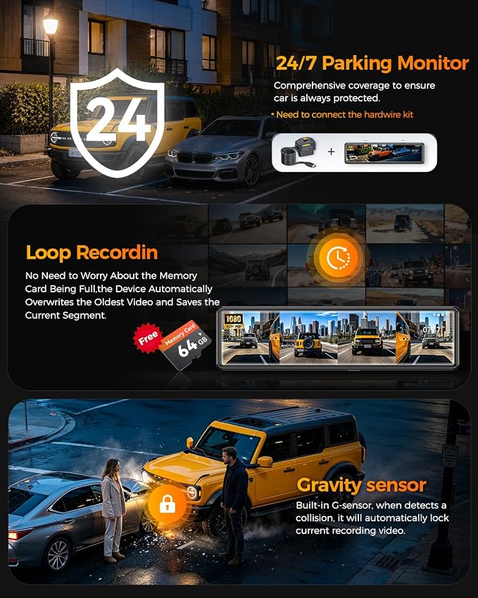 4 Channel Mirror Dash Cam,12" Rear View Mirror Camera,1080P Front Rear Left Right Dash Camera for Car, WiFi Smart Rear View Mirror Camera with 64GB Card, Night Vision, 24H Parking Monitor, G-Sensor