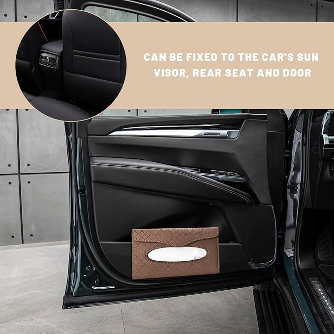 Car Tissue Holder, Auto Sun Visor Napkin Holder Hanging Paper Towel Dispenser with Tissue Refill, Easy Access Leather Paper Towel Storage Case for Most Vehicle Visors (Brown)