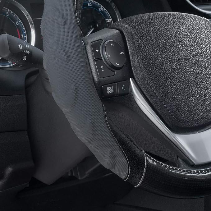 Motor Trend GripPlus Black Carbon Fiber Steering Wheel Cover, Standard 15 inch Size, Advanced Traction Grip, Car Steering Wheel Cover for Truck Van SUV Auto