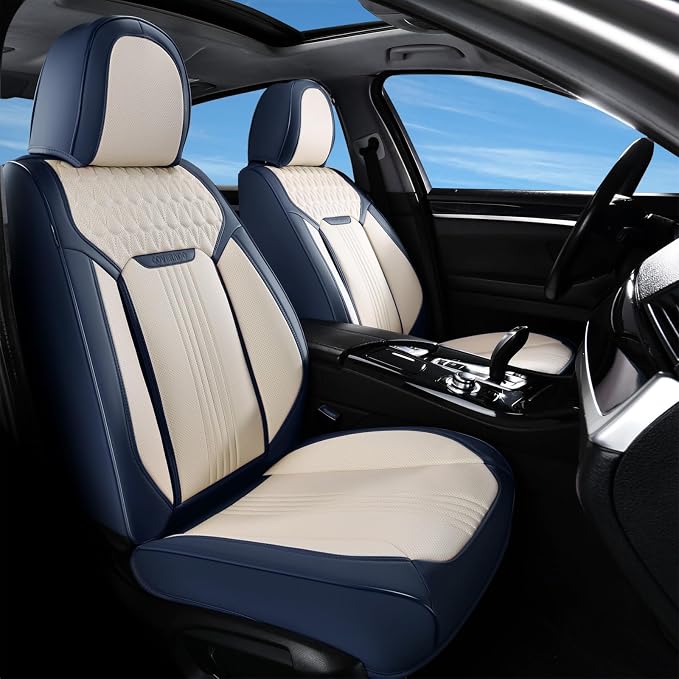 Coverado Car Seat Covers Full Set, Luxury Leather Seat Covers for Cars, Front and Back Seat Covers, Waterproof Car Seat Protector Car Seat Cushion Universal Fit Most Cars,Blue&White