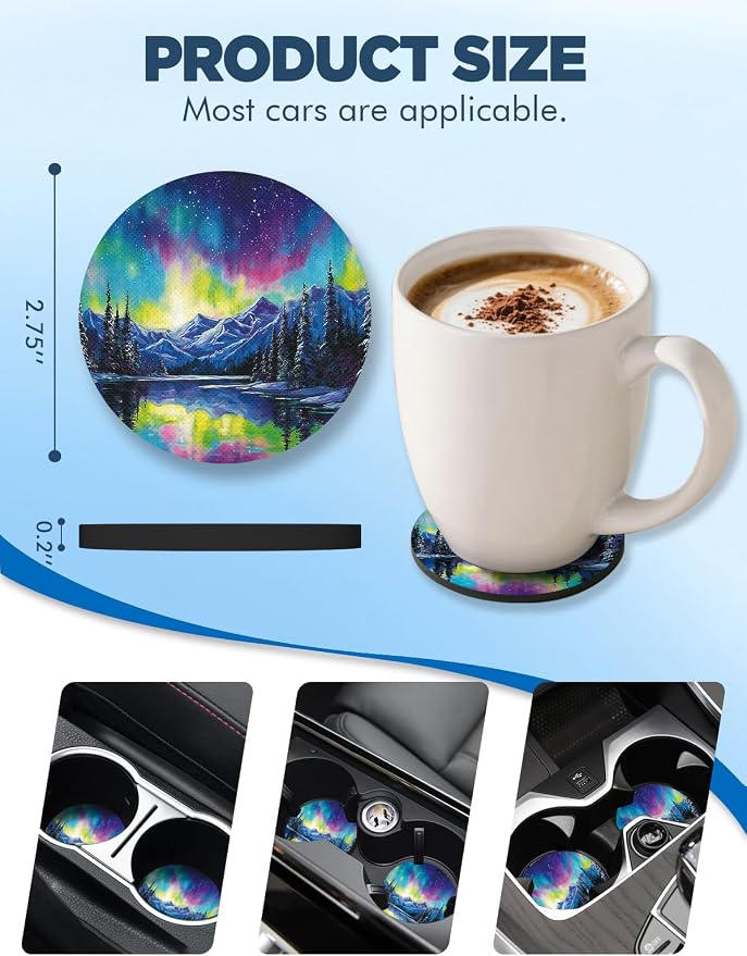 WOCOCN Car Coasters for Cup Holders - 2 Pack 2.75" Universal Rubber Car Cup Coaster, Non-Slip Waterproof Car Interior Accessories, Cute Car Decor Gifts for Women and Men (Aurora)