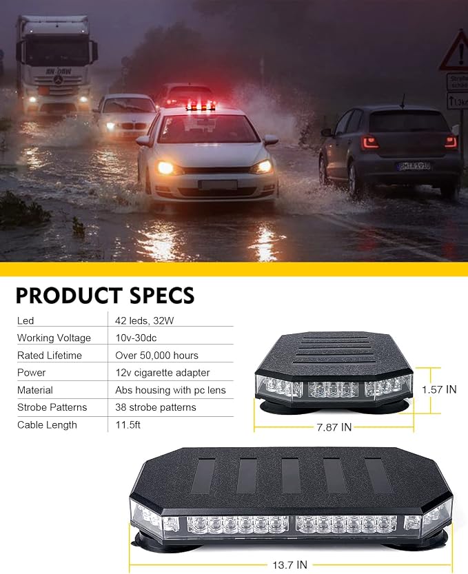 LUMENIX 42 LED Roof Top Strobe Beacon Light Bar, Patent Design, Red White | High Visibility Caution Light Bar with Controller Panel, for Construction Work Trucks Service Vehicles Tow Snow Plow