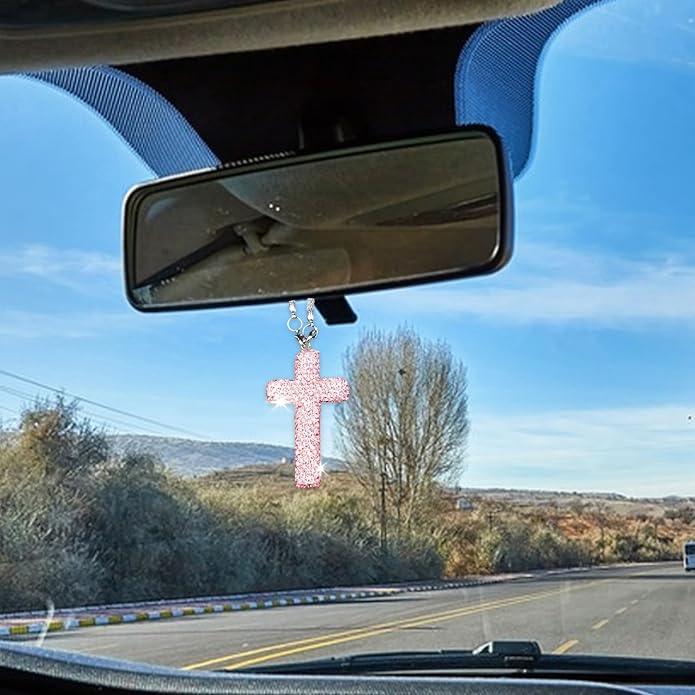 Bling Car Rear View Mirror Accessories Hanging Pendant,Cross Crystal Rhinestone For Car Mirror Hanging,Double-Sided Cross Diamond Religious,Interior Men Women Car Accessories