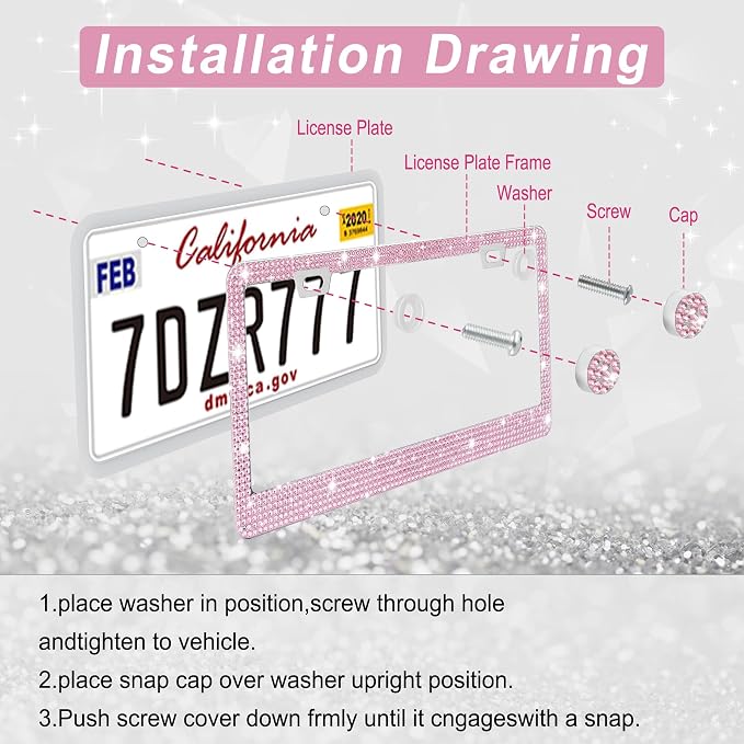 Amiss Bling License Plate Frame for Women, 1Pack Rhinestone Handcrafted Crystal Premium Stainless Steel, Stainless Steel Car Accessories with Diamond Sparkle Glitter Caps (Pink)