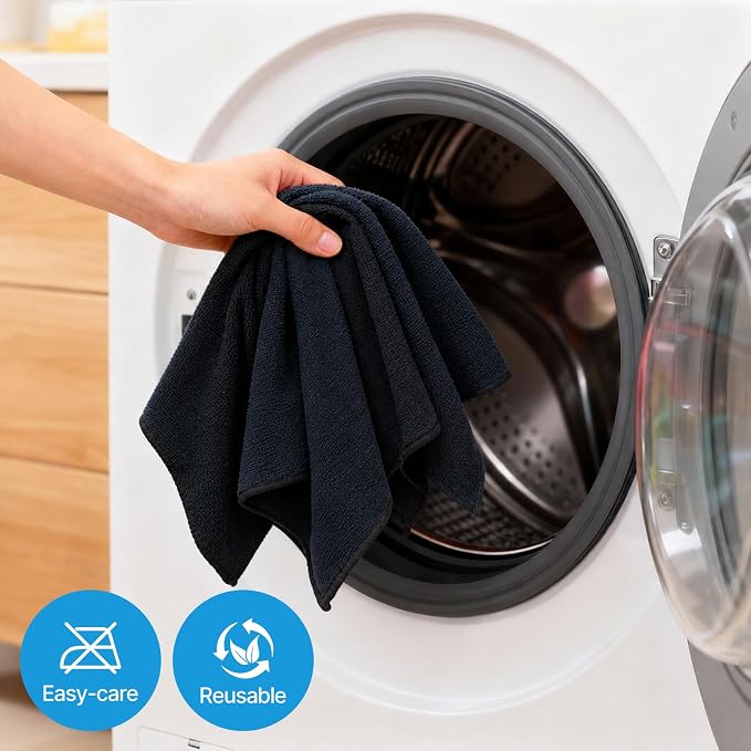 QYL Microfiber Cleaning Cloth,12 Pack Cleaning Rags, Cleaning Towels with 4 Color Assorted, 11.8"X11.8", Black