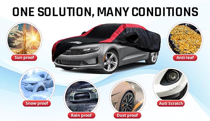 Camaro Car Cover Waterproof All Weather with Red Strip Design, Custom Fit for Chevy Camaro 2010-2026, Accessory with Door Zipper & Windproof Straps