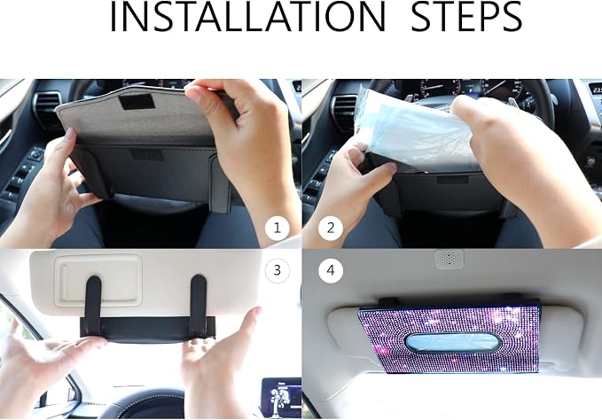 Car Visor Tissue Box Holder, Bling Crystals PU Leather Napkin Holder, Glitter Car Visor Accessories with Sparkly Mask Hook Clip for Women, Gift for Christmas Thanksgiving (Purple 4 pcs)