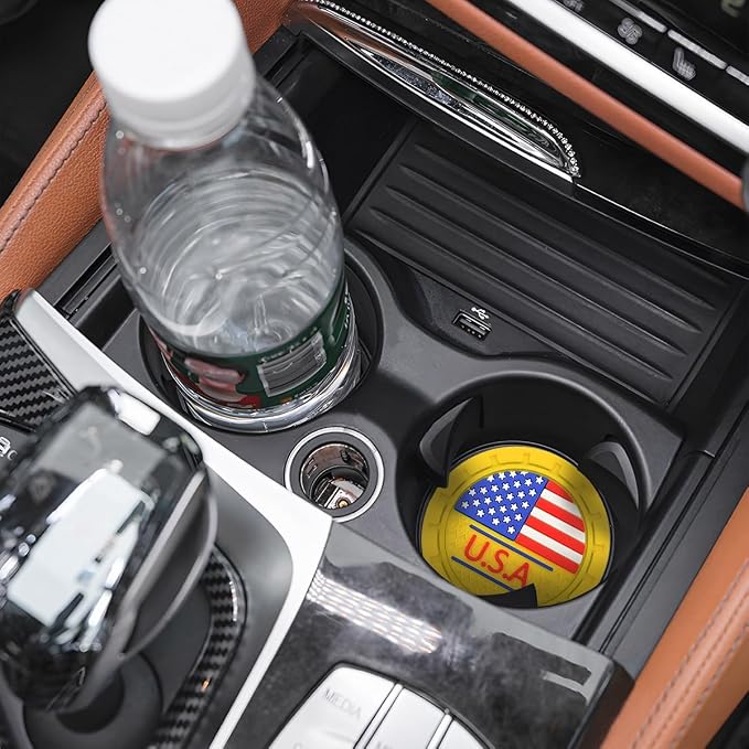 AUCELI 4 Pack Car Cup Holder Coasters, Colored American Flag US Flag Insert Car Cup Coaster, 2.75 Inch Anti Slip Shockproof Embedded Drink Mat, Vehicle Interior Decor Accessories