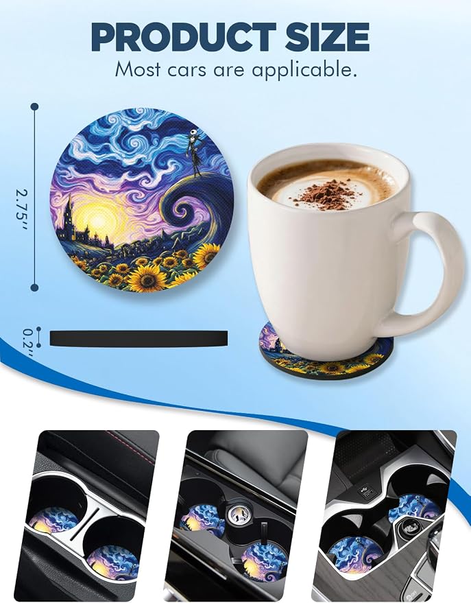 WOCOCN Car Coasters for Cup Holders - 2 Pack 2.75" Universal Rubber Car Cup Coaster, Non-Slip Waterproof Car Interior Accessories, Cute Car Decor Gifts for Women and Men (Sunflower Starry Sky)