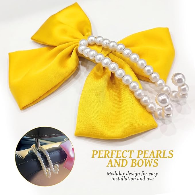 2 PCS Bow Pearl Car Seat Headrest Hook β Cute Purse Hook for Car, Girly Interior Decoration Accessories Hook Hanger, Seatback Holder for Purses & Bags, Elegant Car Organizer (Sunshine Yellow)