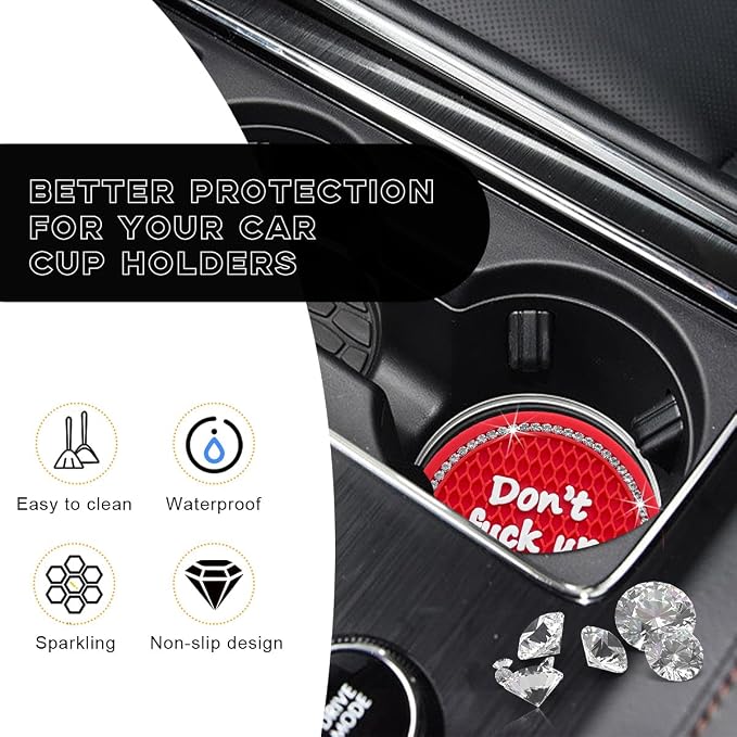 Ohleats Bling Car Cup Coaster, 2.75 Inch Non-Slip Don't Fuck Up My Car Please Cup Holder Insert Coaster, Crystal Rhinestone Auto Drink Cup Mat, Universal Car Accessories (Red-4PCS)