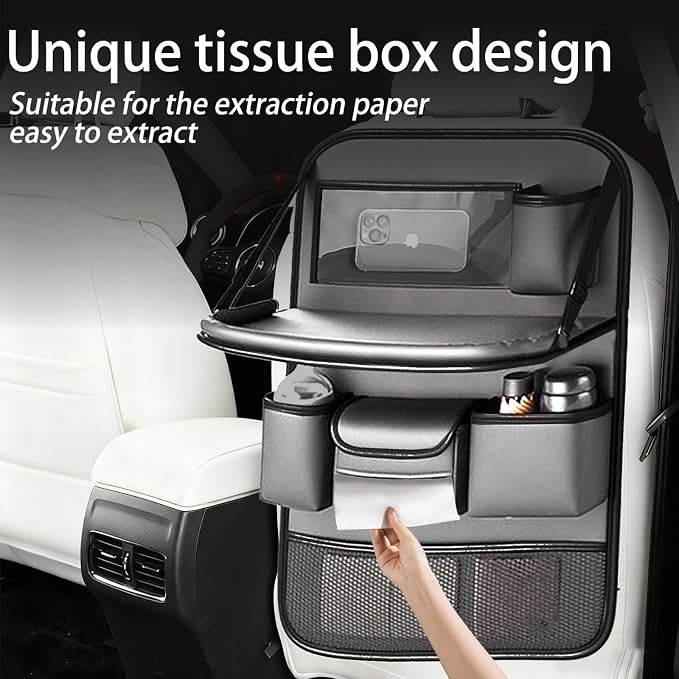 Leather Car Seat Back Organizer with Foldable Tray Table, Backseat Car Organizer with Tablet Pocket, Cup Holders, Tissue Pocket, Mesh Pockets, Kick Mat, Gray, 1 Pack