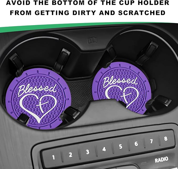 2 PCS Car Cup Holder Coaster, 2.76 Inch Non-Slip Auto Drink Mats with Blessed Cross and Heart, Shockproof Christian Cup Insert Coaster for Most Vehicles, Car Accessories (Dark Purple)