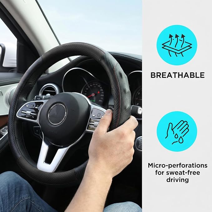 Car Steering Wheel Cover, Breathable Carbon Fiber Vehicle Steering Wheel Protector with Anti-Slip Lining, Automotive Interior Accessories, Universal for SUV RV Truck (Black)