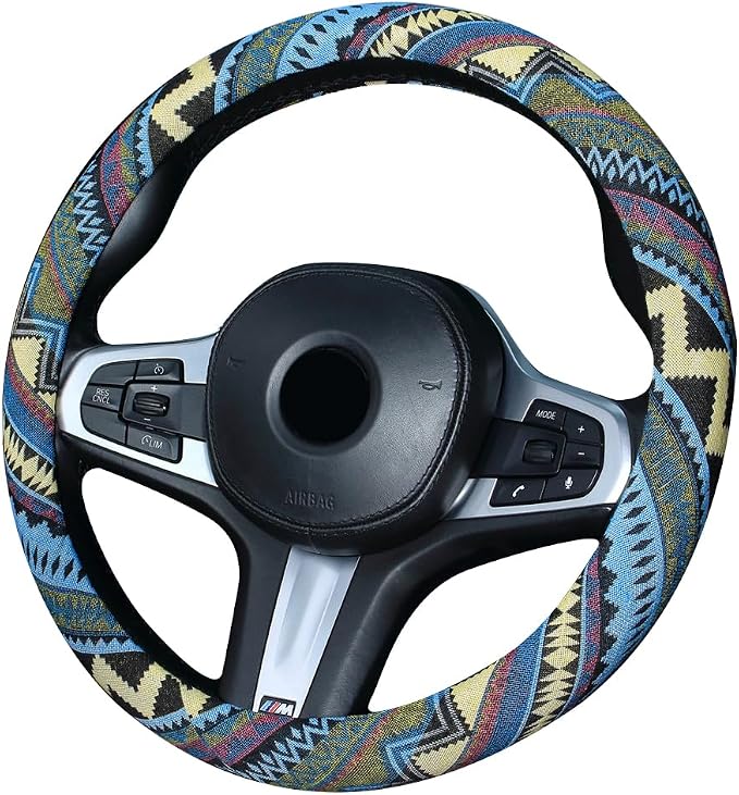 Ethnic Style Coarse Flax Cloth Automotive Steering Wheel Cover Anti Slip and Sweat Absorption Auto Car Wrap Cover (L, 14.5''-15'')