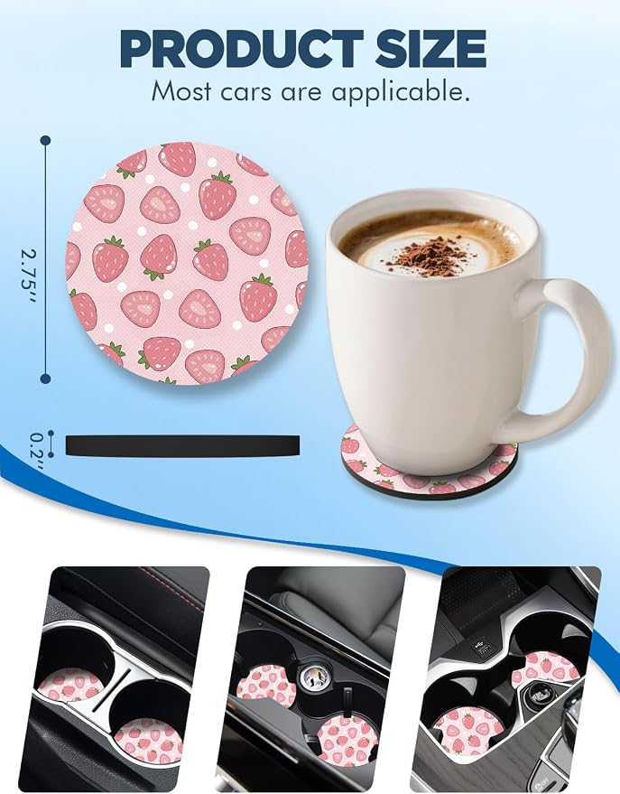 WOCOCN Car Coasters for Cup Holders - 2 Pack 2.75" Universal Rubber Car Cup Coaster, Non-Slip Waterproof Car Interior Accessories, Cute Car Decor Gifts for Women and Men (Sweet Strawberry)
