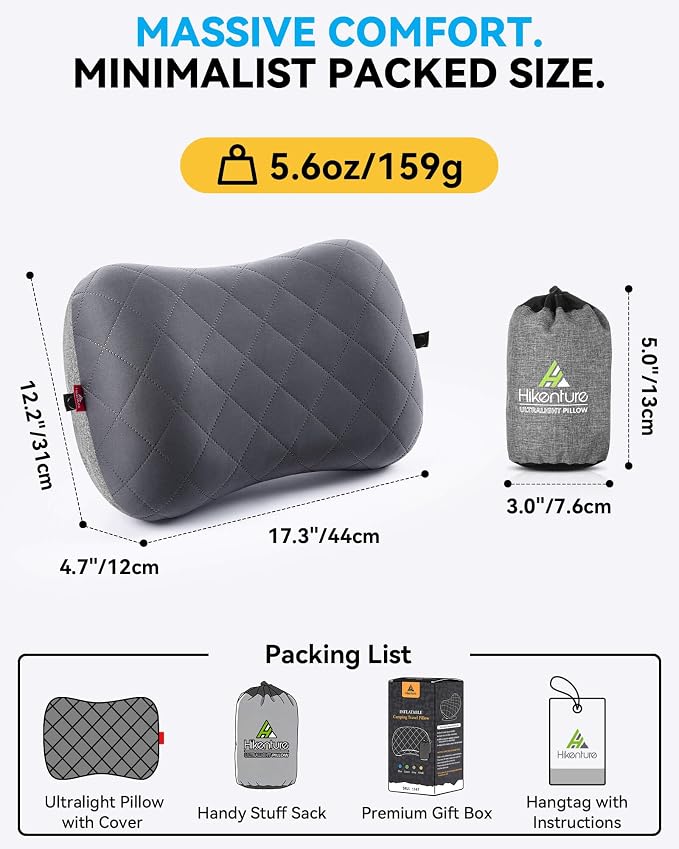 Hikenture Camping Pillow with Removable Cover, Ultralight Inflatable Pillow | Ergonomic Neck Lumber Support, Upgrade Leakproof Backpacking Pillow, Portable Packable for Hiking, Beach, Travel