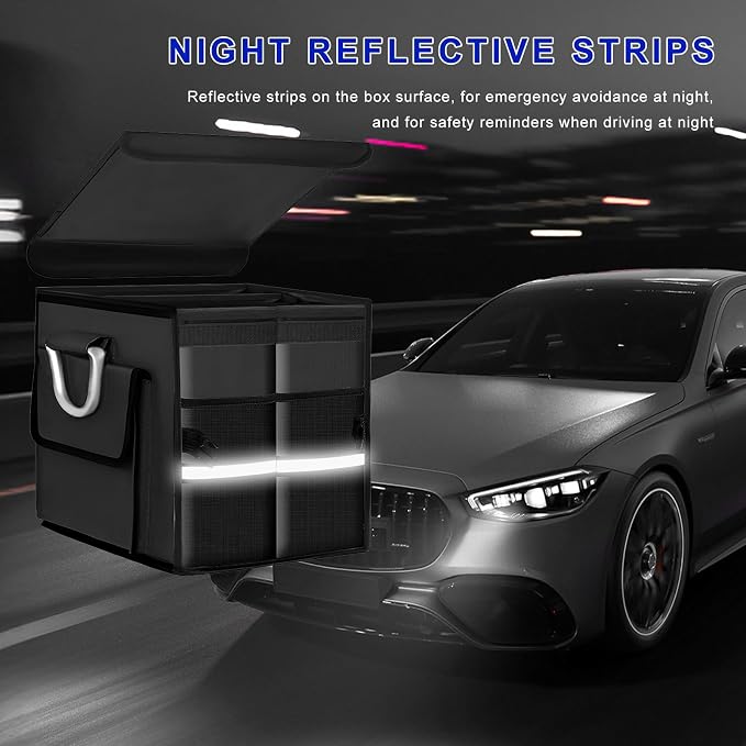 Car Trunk Organizer with Lid, 28L Collapsible Oxford Auto Storage Organizer with Reflective Strip & Handle, Multi-Purpose 2-Compartment Cargo Container for Cars SUVs Trucks (Black)
