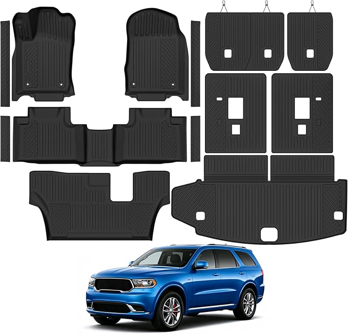 Custom Fit Floor Mats for 2013-2015 Dodge Durango 7 Seats/Bench Seats, All Weather TPE Floor Liners & Trunk Mat & 2nd/3rd Row Backrest Mat & Door Sill Guard, Full Set Interior Accessories