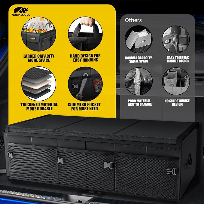 MIKKUPPA Car Trunk Organizer with Cooler - 95L Collapsible Trunk Organizer with Lid, Trunk Storage Organizers for SUV Truck Van with Adjustable Straps and Non Slip Bottom (Black, XX-Large with Cooler)