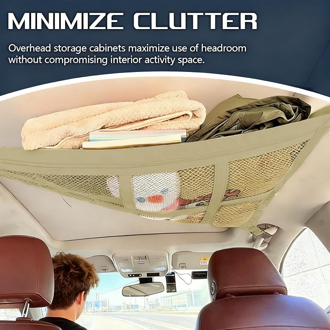 Car Ceiling Cargo Net, 28.74"×20.87" Double-Layer Mesh Car Roof Storage Organizer, Auto Interior Roof Cargo Net for SUV Truck Van, Camping Accessories, Road Trip Essentials (Beige)