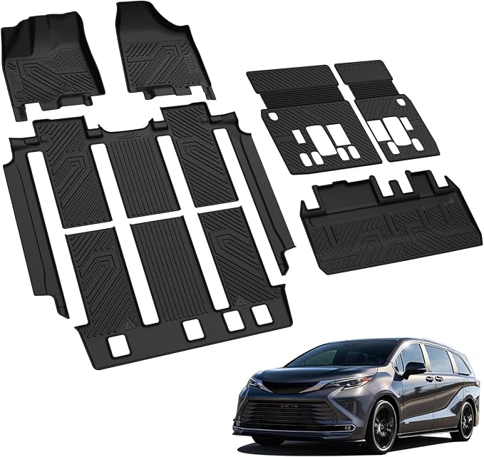 LASFIT Floor Mats & Cargo Liner for Toyota Sienna 7 Seat 2013-2020 (Only Fit LE 7 Seat/XLE 7 Seat Fixed Center Console) All Weather TPE Custom Fit Floor Liner & Trunk Mat Full Set Mat Accessories