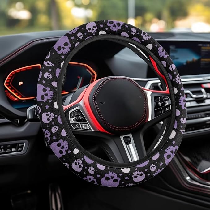 Wanyint Car Steering Wheel Cover for Women Men, Soft Neoprene Stretch Anti-Slip 15 Inch Steering Wheel Protector Universal Halloween Auto Decor, Purple Skull Print
