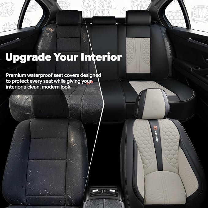 Black and Grey PU Leather Car Seat Covers | Luxury Waterproof Car Seat Covers with Lumbar Support, Non-Slip Base, Airbag Compatibility, Easy Installation and Cleaning