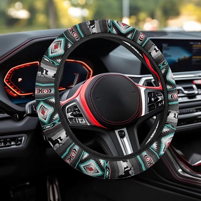 Wanyint Car Steering Wheel Cover, 15 Inch Soft Breathable Steering Wheel Protector for Women Men, Universal Fit for SUV Sedan Van Truck, Aztec Geometric Horse Gray Teal