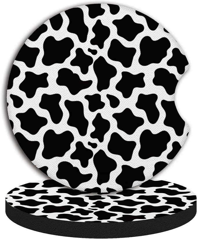 Cute Cow Print Animal Themed Black and White Cup Holders,2 Pack Universal Neoprene Car Coasters Set for Women/Men,Drink Cup Car Holder Coasters with A Finger Notch