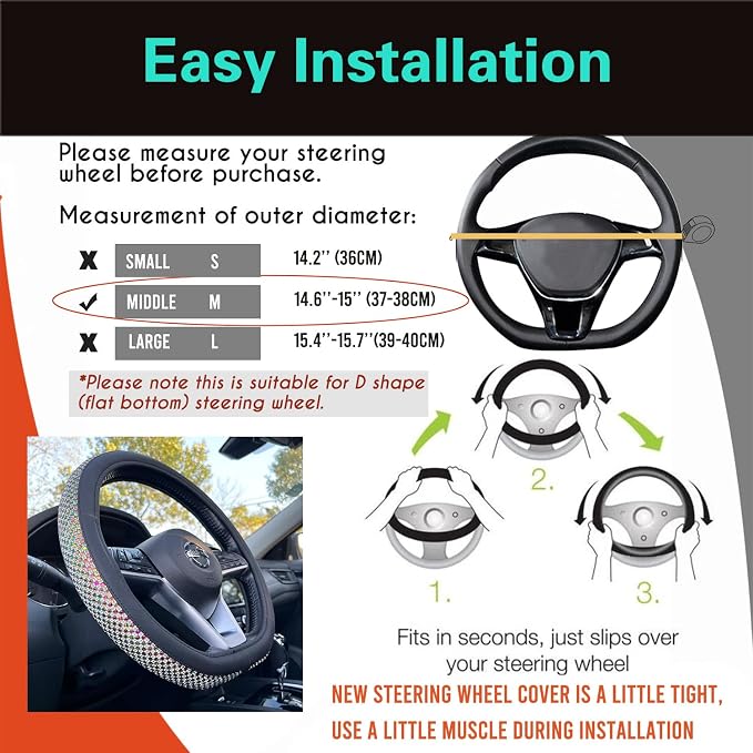 PINCTROT D Shaped Bling Comfy Steering Wheel Cover with Jumbo Crystal Rhinestones, Anti-Slip Diamond Leather, Flat Bottom 14.5-15 Inch (Colorful)