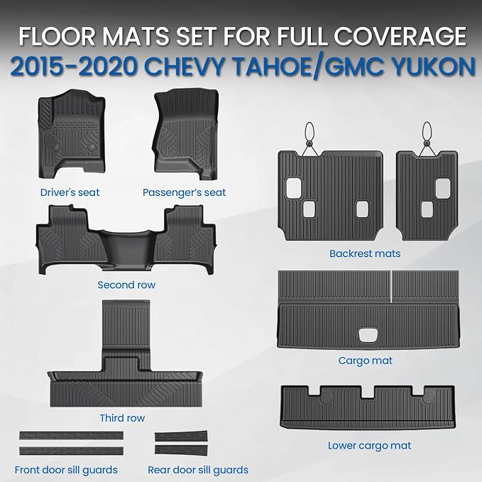 Floor Mats Set for 2015-2020 Chevrolet Chevy Tahoe/GMC Yukon 7 Seat (Not fit Yukon XL), All Weather TPE Cargo Liner Backrest Mat Trunk Mat Door Sill Guards Accessories