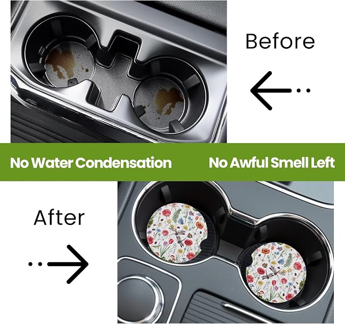 2 Pack Flower Car Coasters for Women Car Cup Holder Coasters, 2.63 Inch Anti Slip Ceramic Absorbent Coaster with Cork Base and Finger Notch, Cute Car Accessories Interior