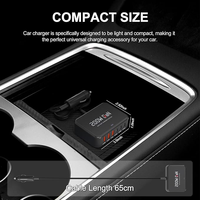 Dzytnsy 200W Car Fast Charging Station,6 Ports, Compatible with MacBook pro/Air/M5 M4 M3 M2 M1/Dell/Lenovo/HP,for iPhone 17/16/15 Series,Samsung Galaxy S26/S25 Ultra/S24 Series and More