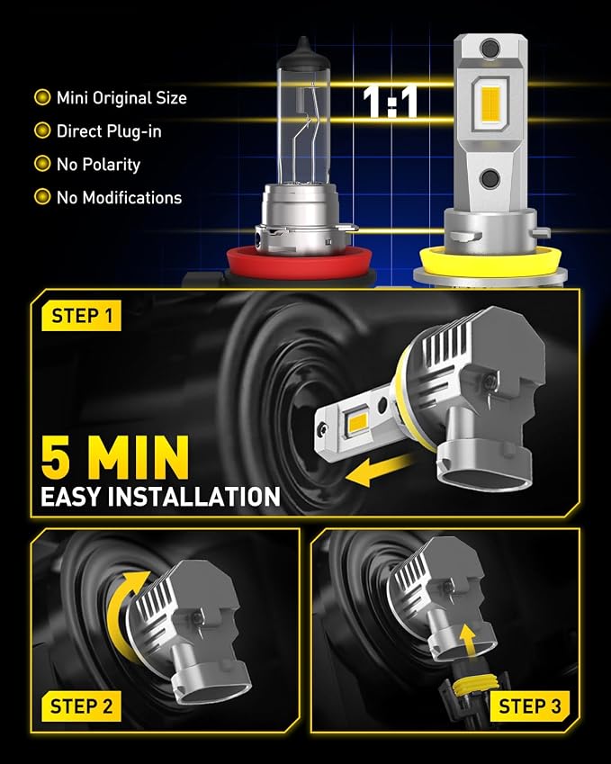 AUXITO H11 LED Yellow Fog Light Bulbs or DRL, 600% Super Brighter 3000K Amber Yellow Light, H8 H16 Fog Lights Replacement for Cars, Non-polarity, Pack of 2